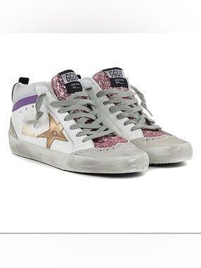 Golden Goose Midstar High-Top Sneakers with Pink Glitter and Beige Suede